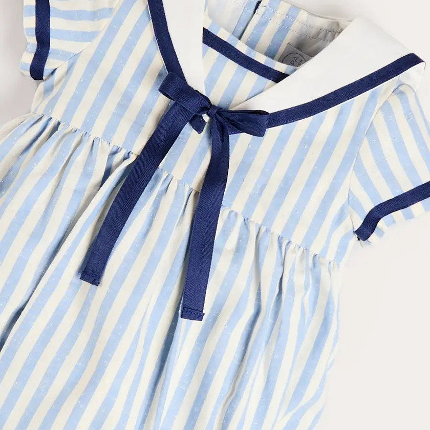 Regency Stripe Mariner Collar Bow Detail Romper in Blue (6mths-2yrs)
