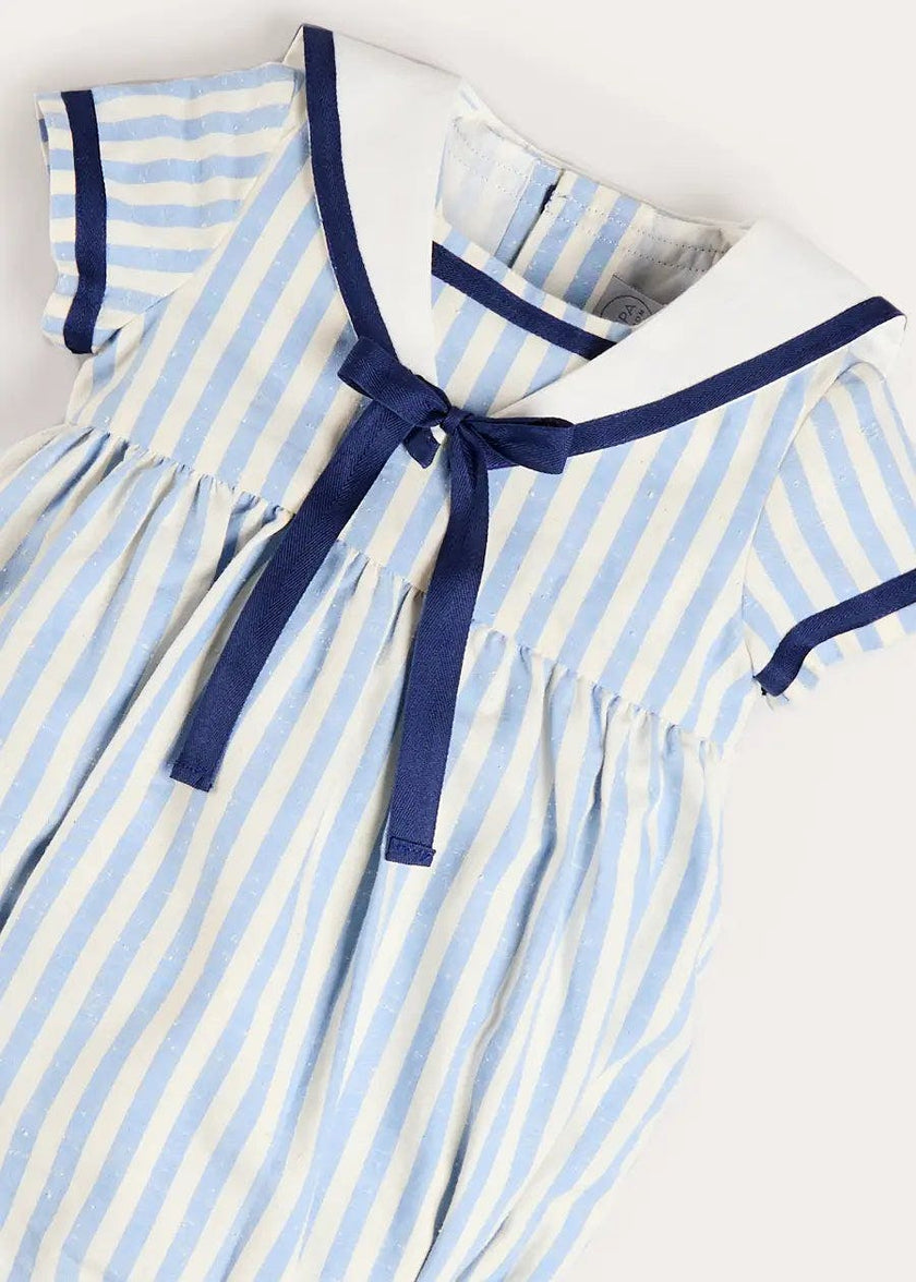 Regency Stripe Mariner Collar Bow Detail Romper in Blue (6mths-2yrs)