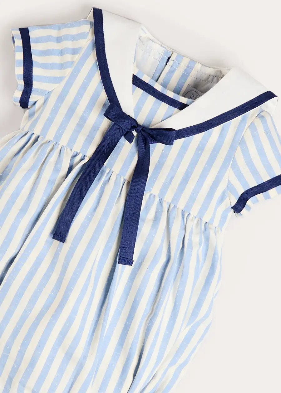 Regency Stripe Mariner Collar Bow Detail Romper in Blue (6mths-2yrs)
