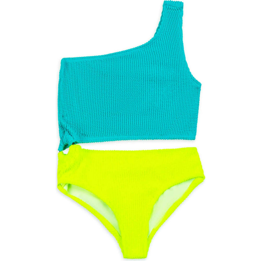 Dina Crinkle Side Cutout One Piece Swimsuit - Turquoise Citrus Lime