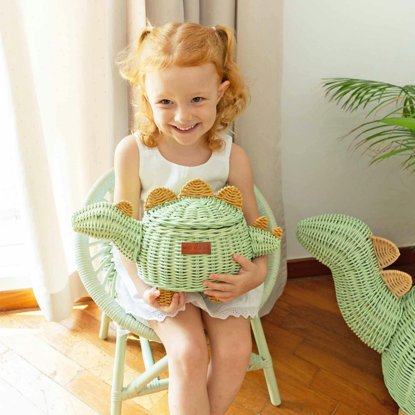 Handcrafted - Dinosaur Storage Basket Mint Green (Small) - Rattan Wicker