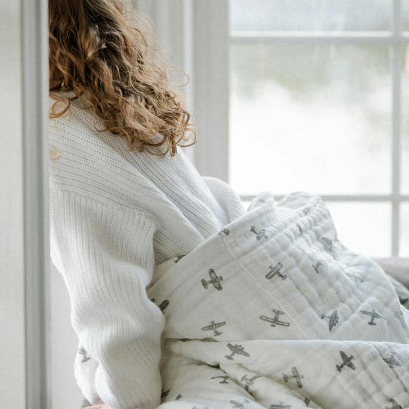 Original Organic Cotton Muslin Quilt - Pewter Planes