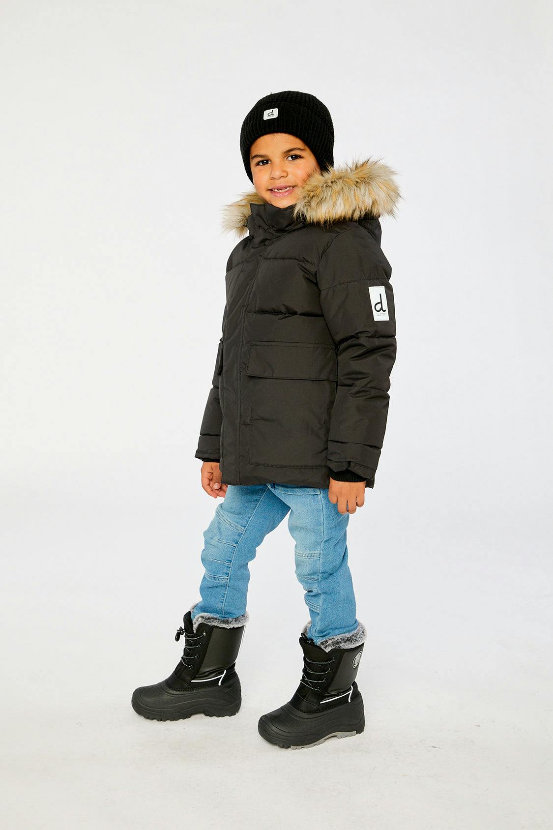Winter Jacket with Faux-Fur Hood Black