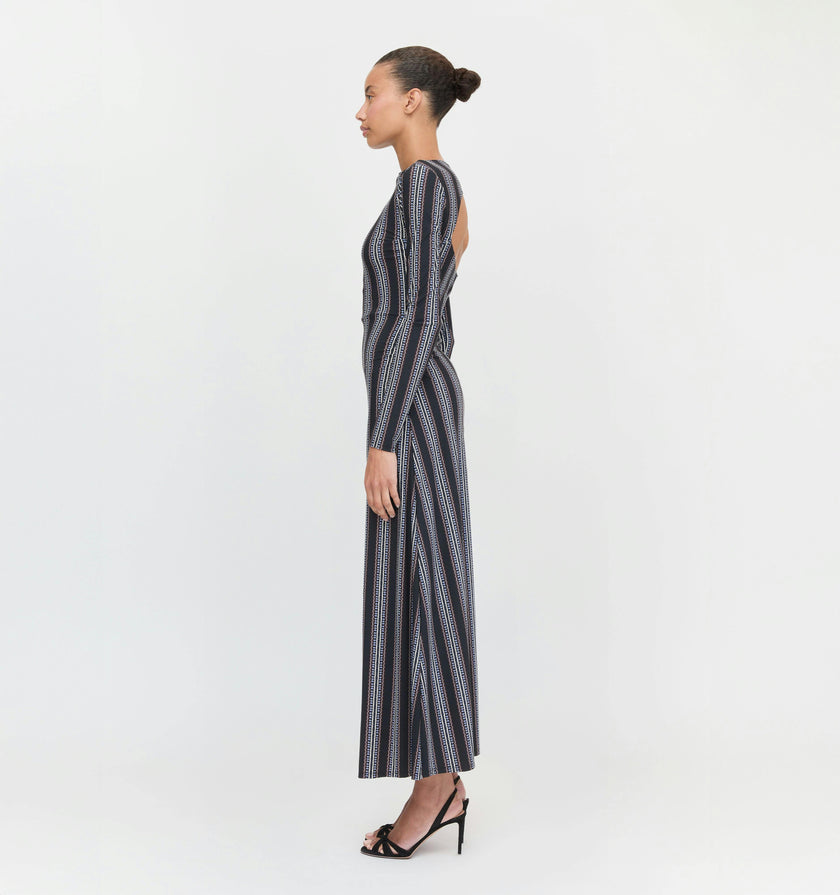 The Selene Dress - Black Cobalt Medallion Stripe