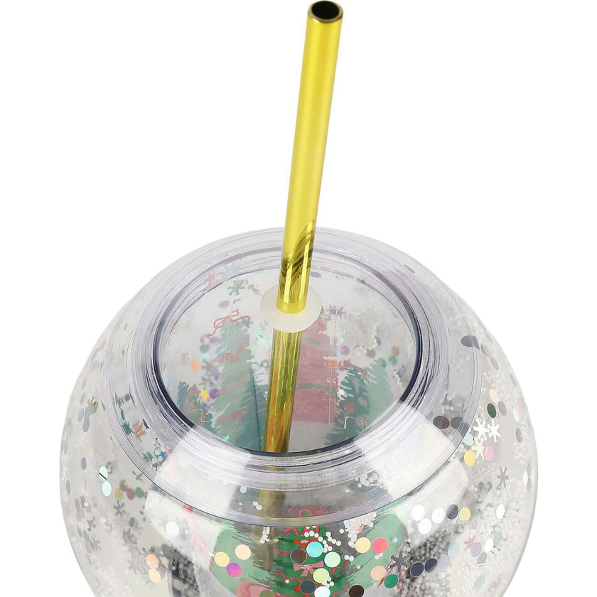 Packed Party Patented Snow Globe Holiday Sipper - 12 oz BPA-Free Shakeable Winter Wonderland Confetti Cup with Printed Christmas Scene and Gold Straw