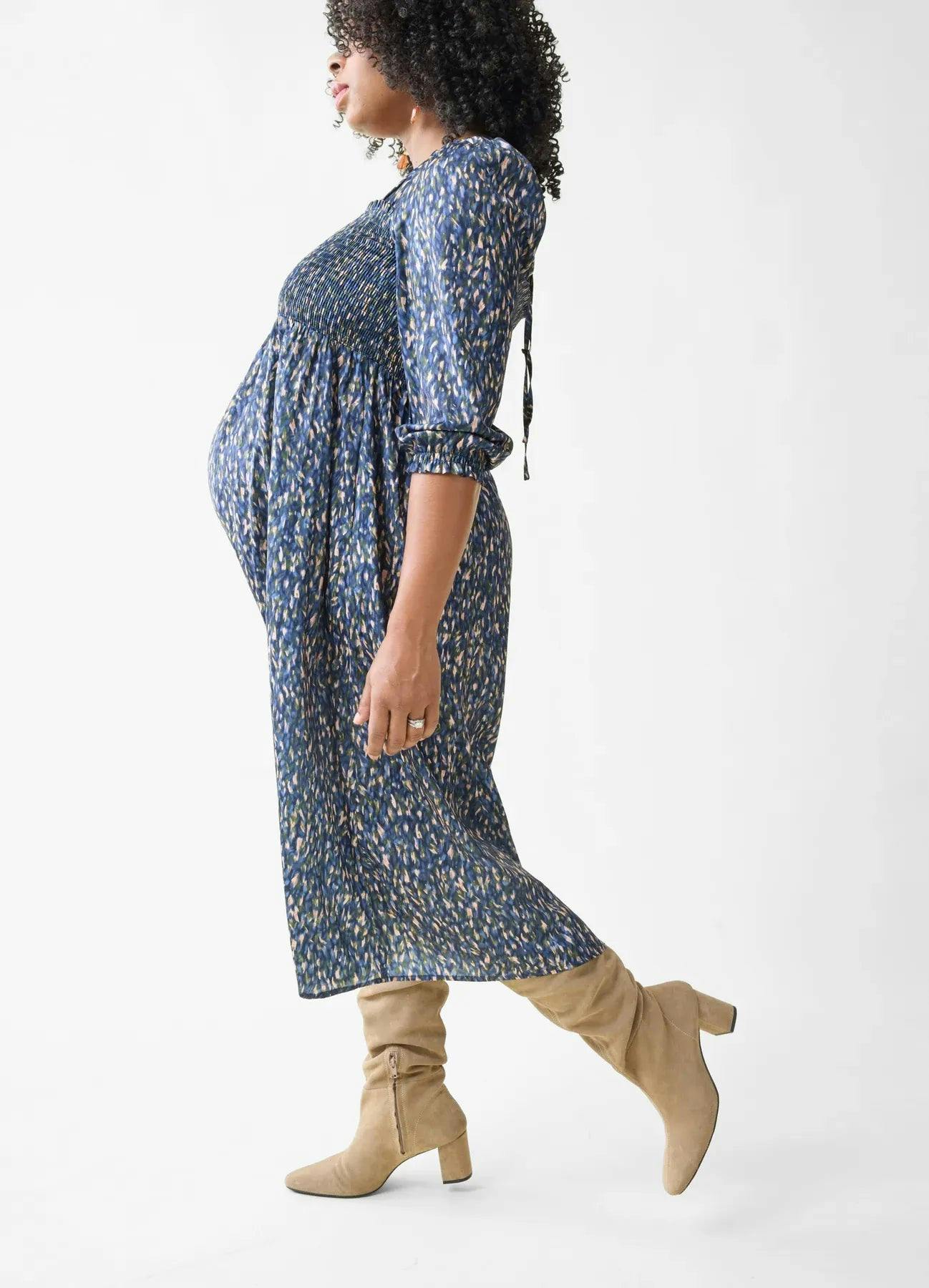 Smocked Sateen Maternity and Nursing Midi Dress