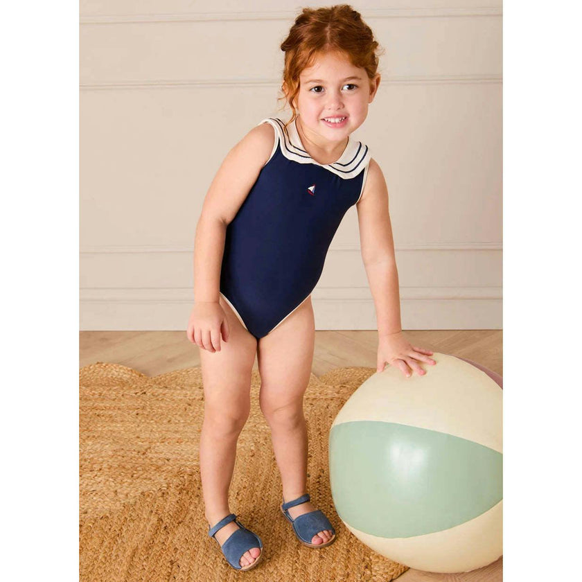 Mariner Collar Embroidered Boat Motif Two Piece Swimsuit in White (12mths- 10yrs)
