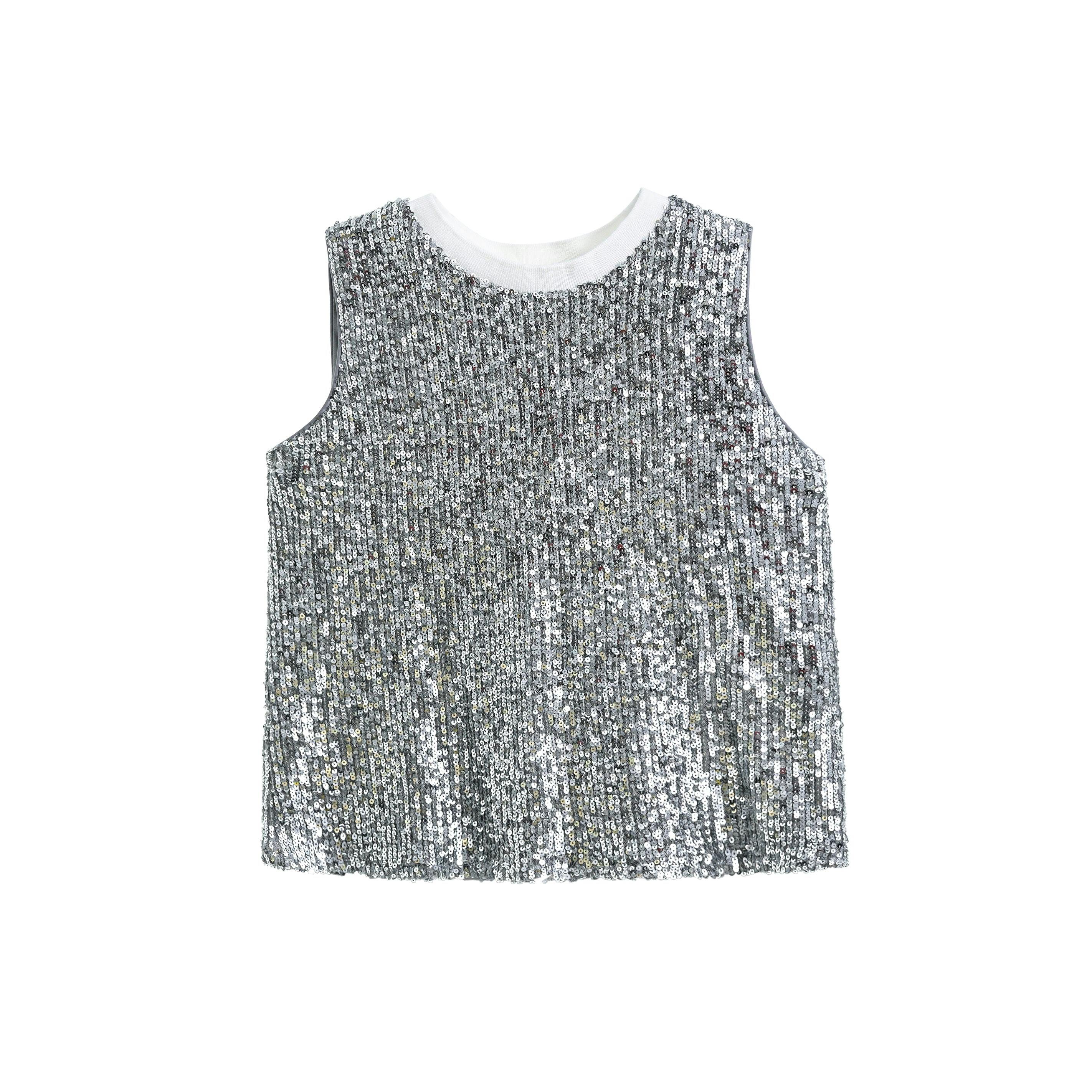 Silver Sequin Sleeveless Shorts Set