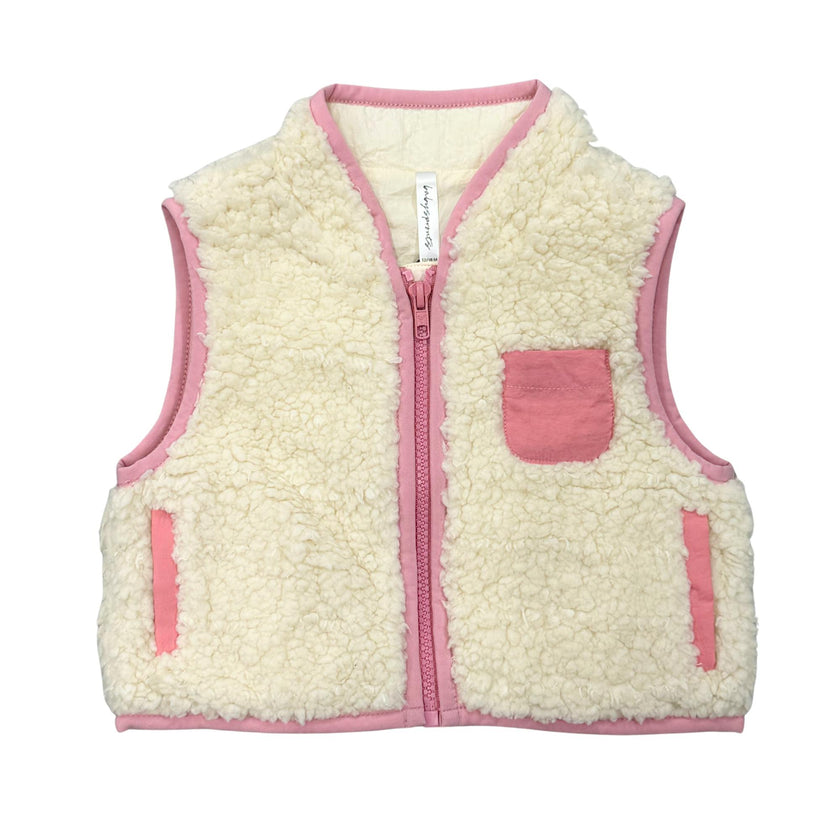 Sherpa Zipper Vest in Cream and Rose Elegance