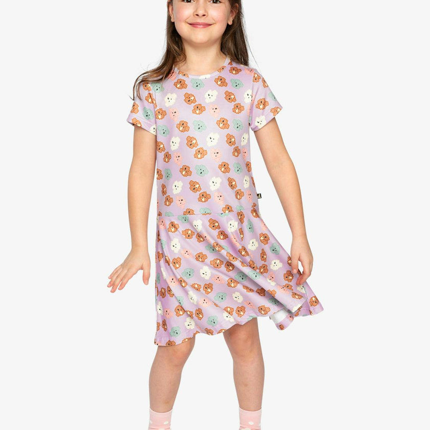 Short Sleeve Jersey Dress Purple Poodle Print