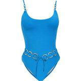 Women'S Sea Blue Link Belted One Piece Swimsuit, Blue