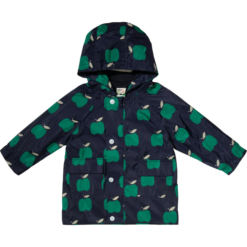 Baby Apple Print Ribbed Cuff Hooded Zipper Raincoat
