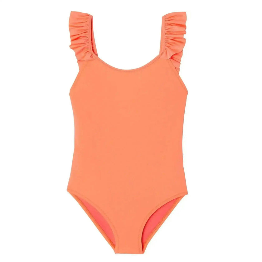 Girls' anti-UV swimsuit with ruffles, neon coral | BORA BORA 1P