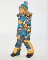 Two Piece Play Snowsuit Grey and Blue Dinosaur Print with Yellow Pants