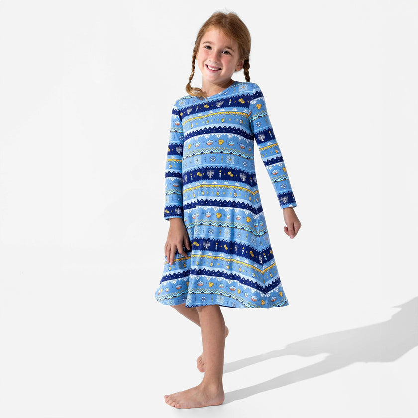 Hanukkah Fair Isle Bamboo Girls' Long Sleeve Dress