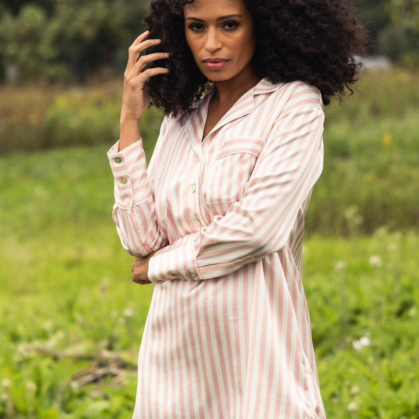 Women's Silk Nightshirt in Pink Stripe