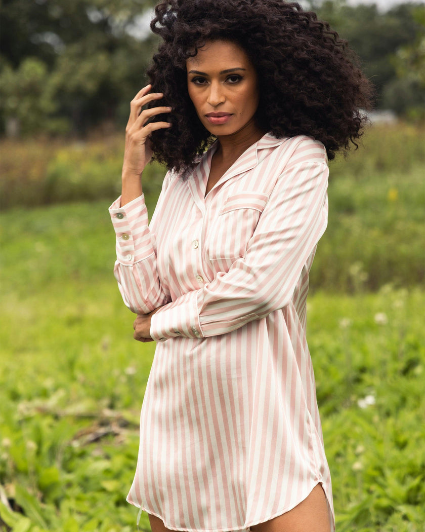 Women's Silk Nightshirt in Pink Stripe