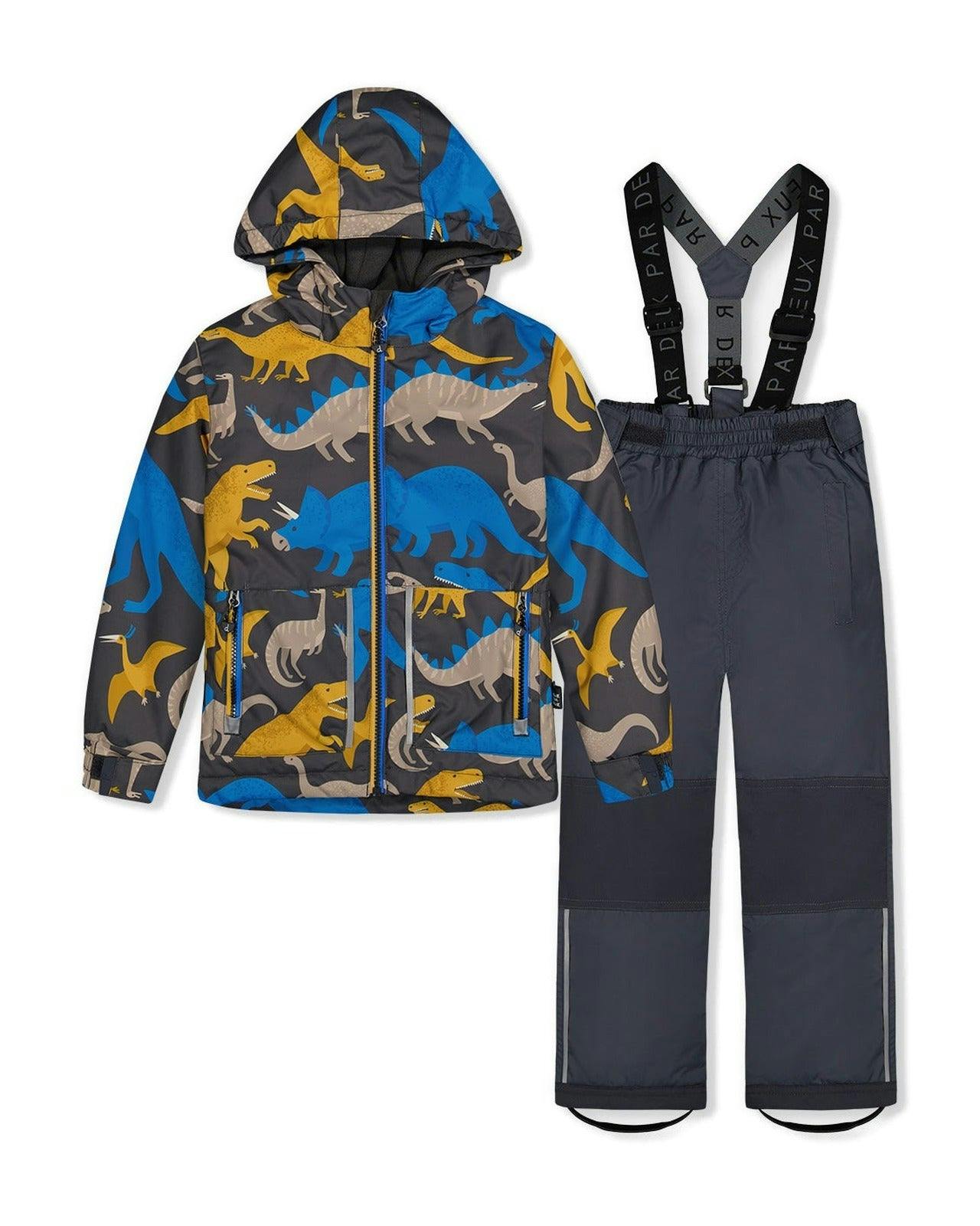 Light Weight Two Piece Chill Snowsuit Grey And Blue Dinosaur Print