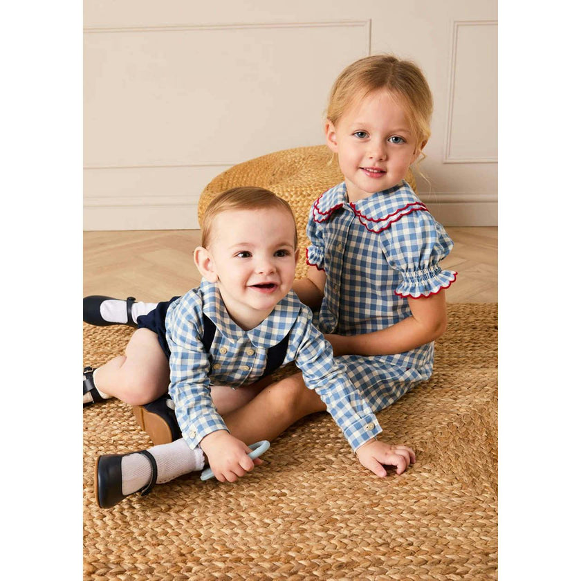 Darby Gingham Scallop Layered Collar Short Sleeve Blouse in Blue (18mths-12yrs)
