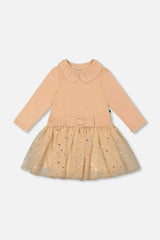 Bi-Material Dress With Glittering Skirt Beige
