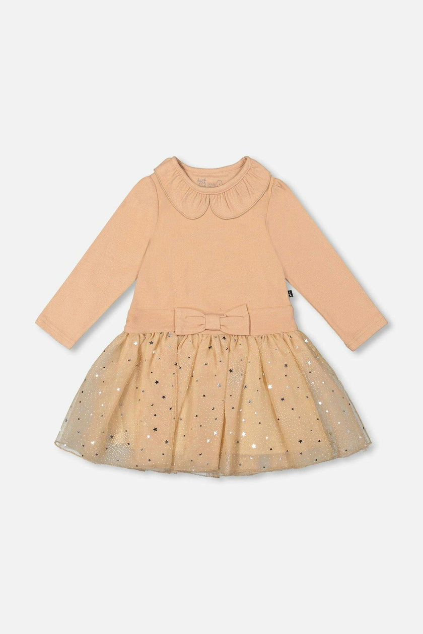Bi-Material Dress With Glittering Skirt Beige