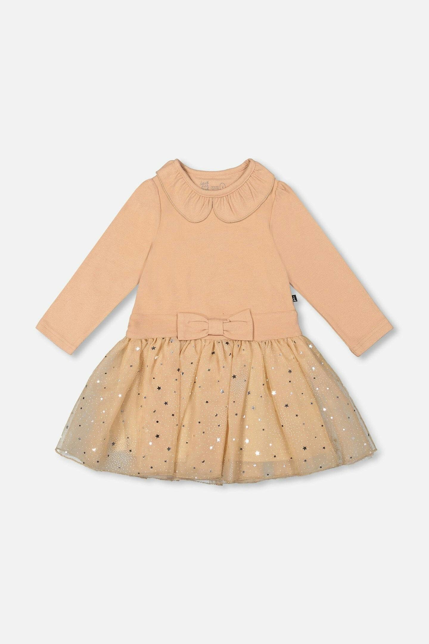 Bi-Material Dress With Glittering Skirt Beige