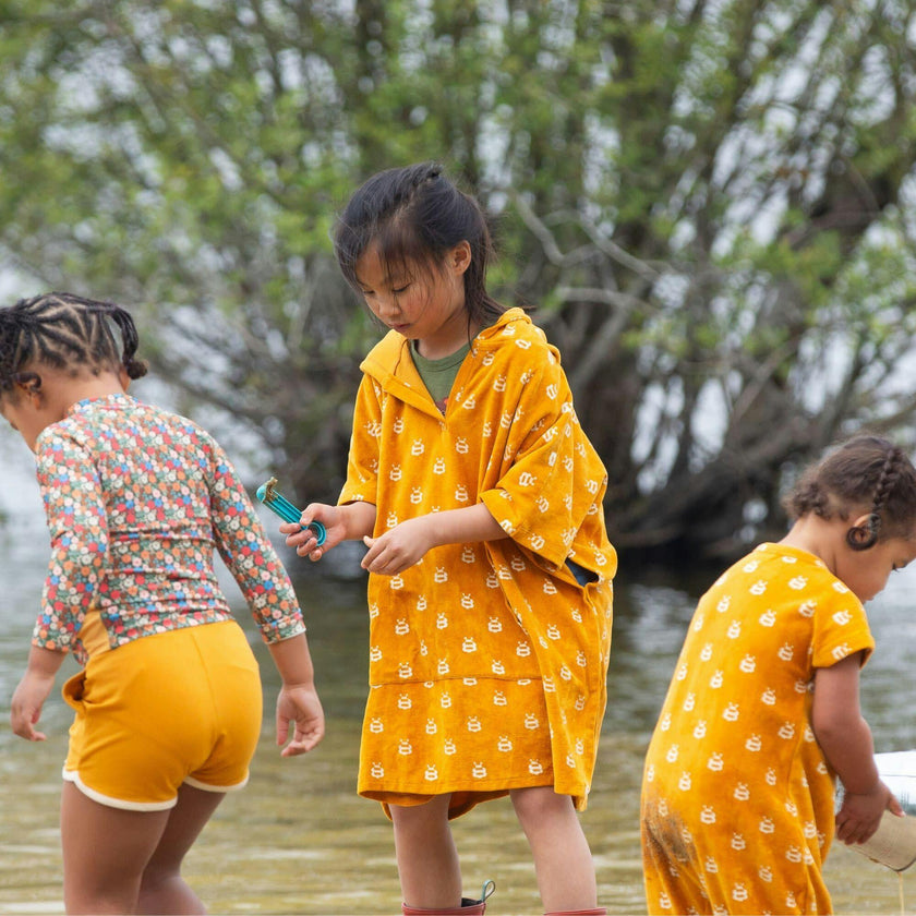 Bees Kids Hooded Beach Poncho, Gold