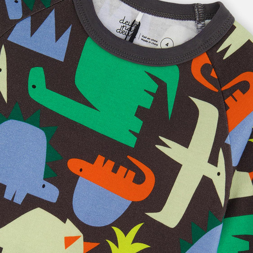 Organic Cotton Two Piece Pajama Set Black Dinosaur Print