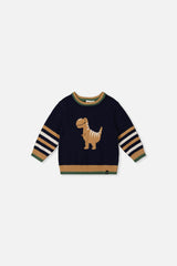 Baby Knit Sweater With Intarsia Dark Blue, Brown And Beige