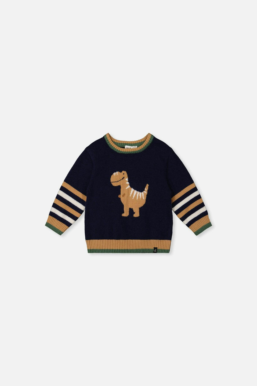 Baby Knit Sweater With Intarsia Dark Blue, Brown And Beige
