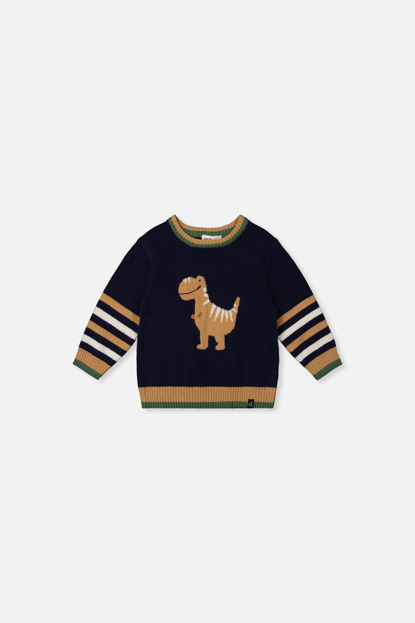 Baby Knit Sweater With Intarsia Dark Blue, Brown And Beige