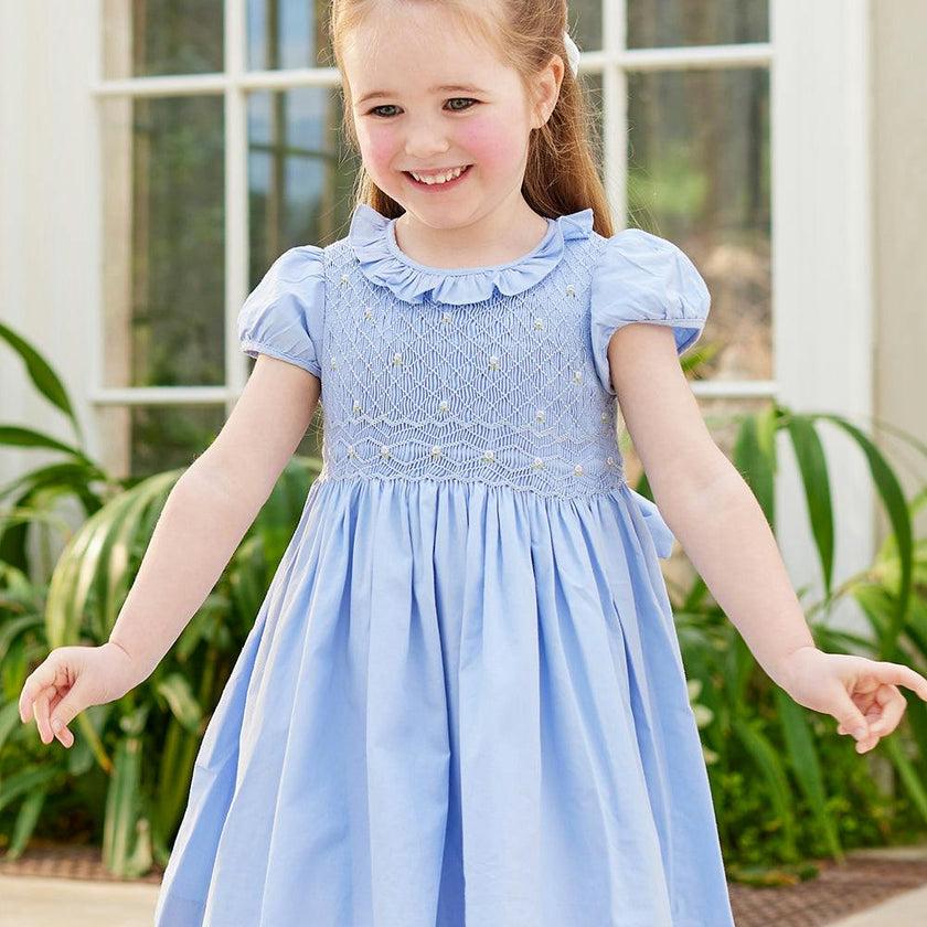 Willow Rose Hand Smocked Dress in Cornflower Blue