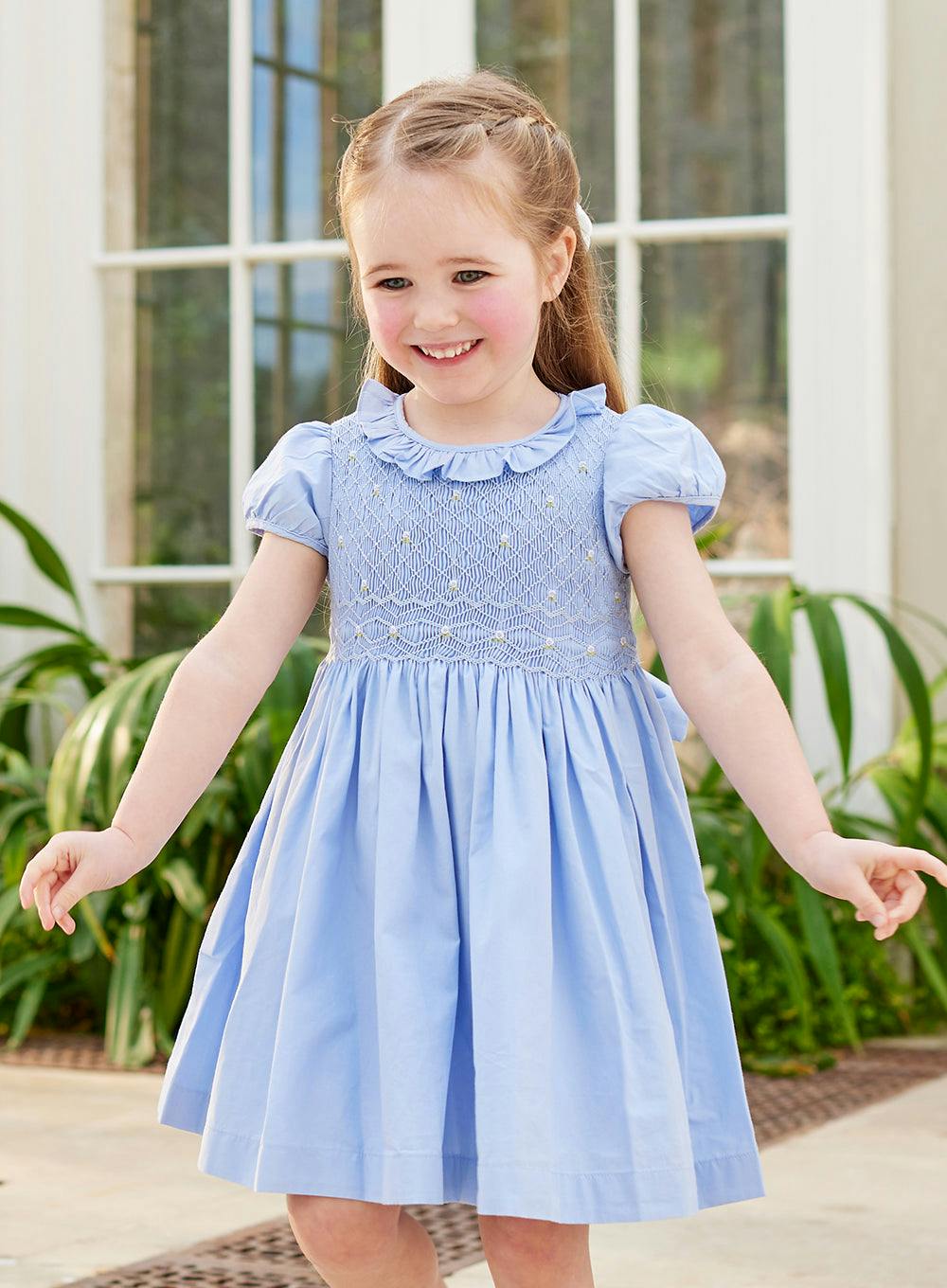 Willow Rose Hand Smocked Dress in Cornflower Blue