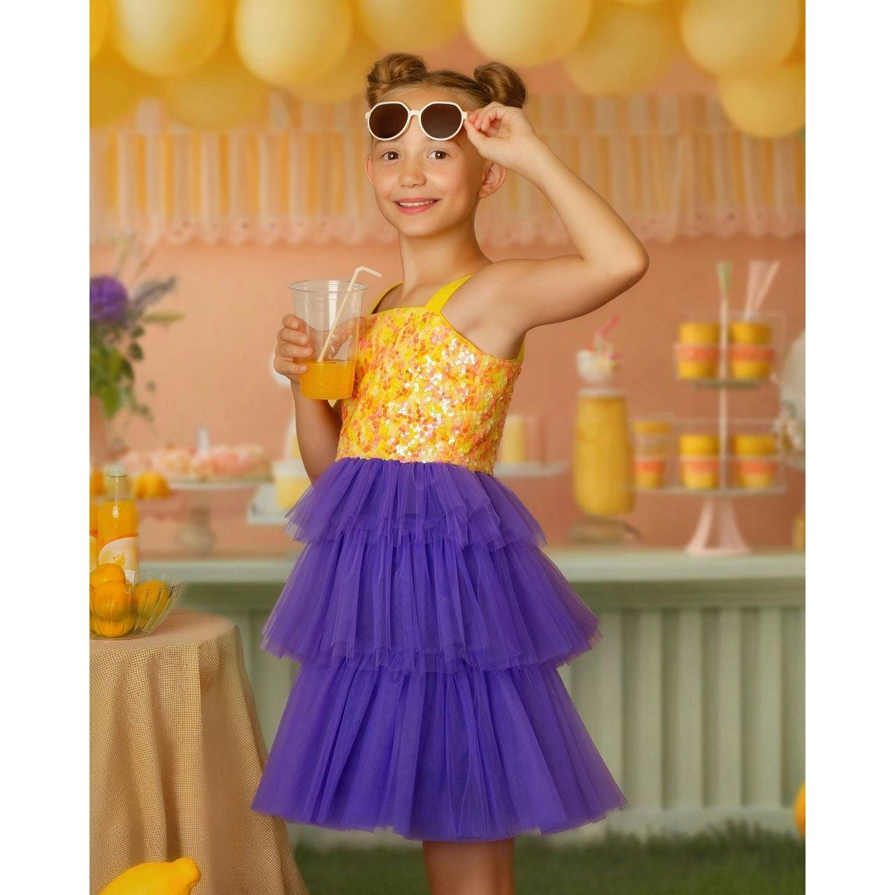 Citrus Bloom Purple Sequin Tulle Birthday Dress for Girls