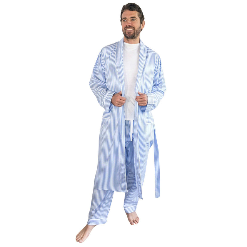Men's Braddock Classic Robe - Blue Stripe Organic Cotton Poplin