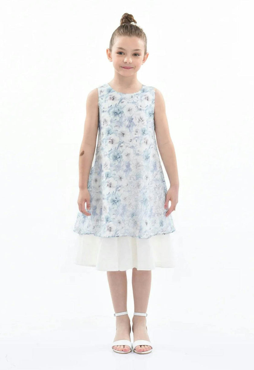 Blue Floral Sleeveless Layered Dress