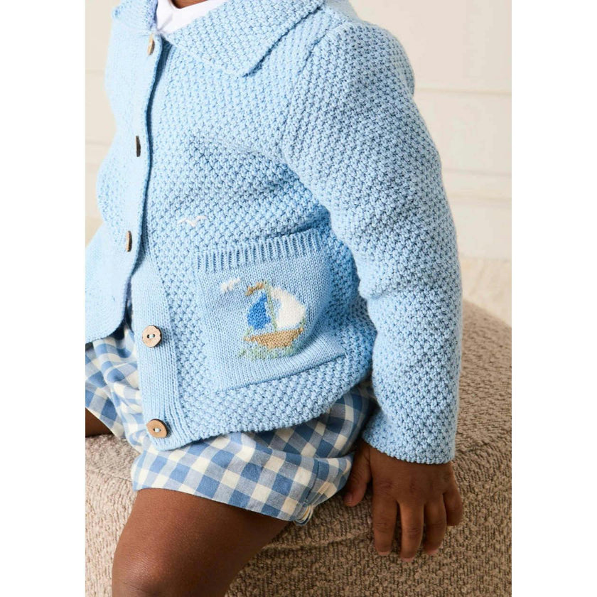 Nautical Boat Embroidery Polo Collar Cardigan in Sky Blue (12mths-6yrs)