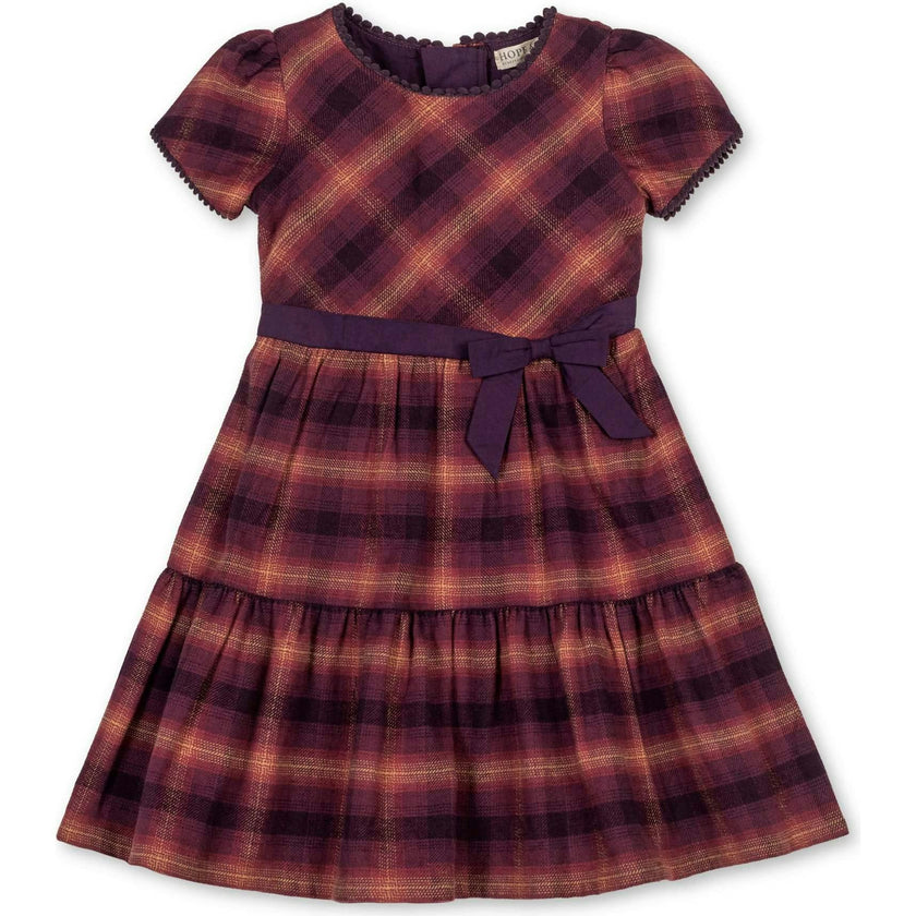 Organic Puff Sleeve Tiered Flannel Dress with Sash, Purple