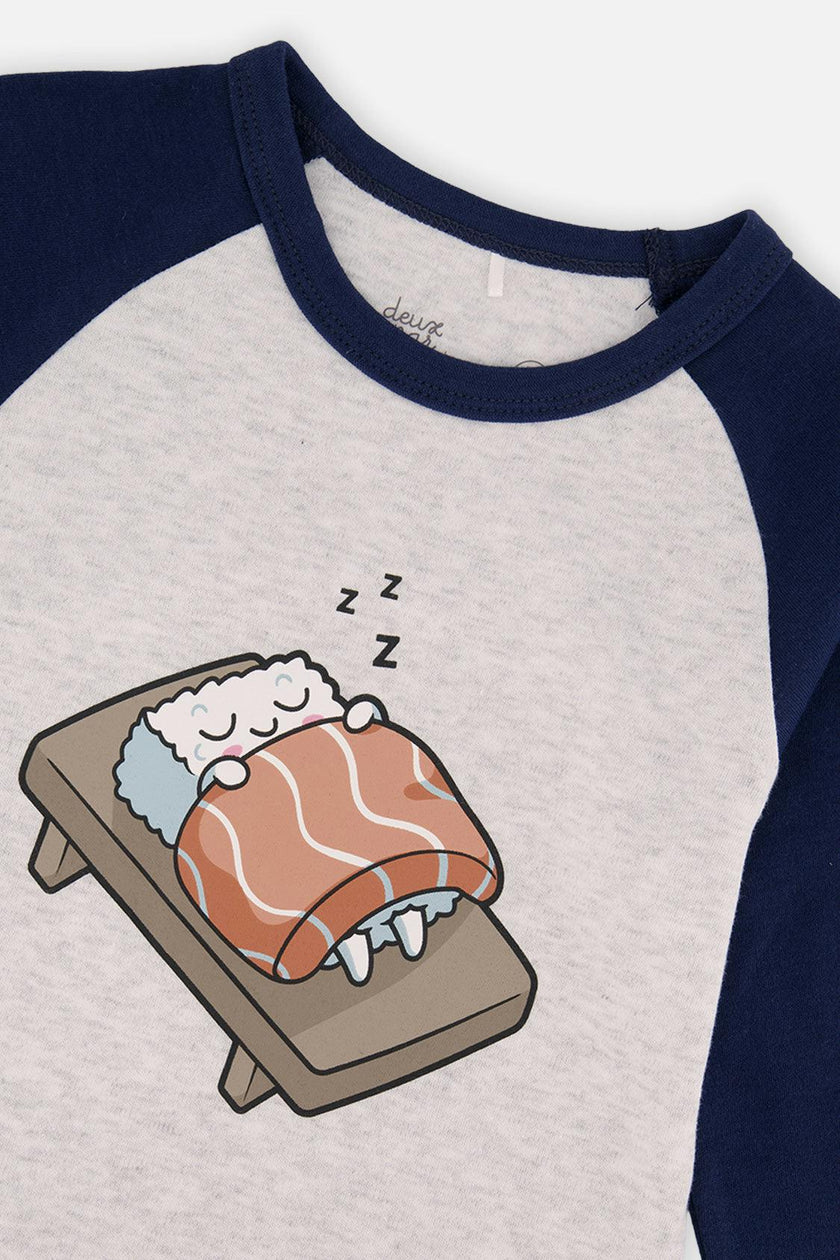 Organic Cotton Two Piece Pajama Set Blue Sushi Print