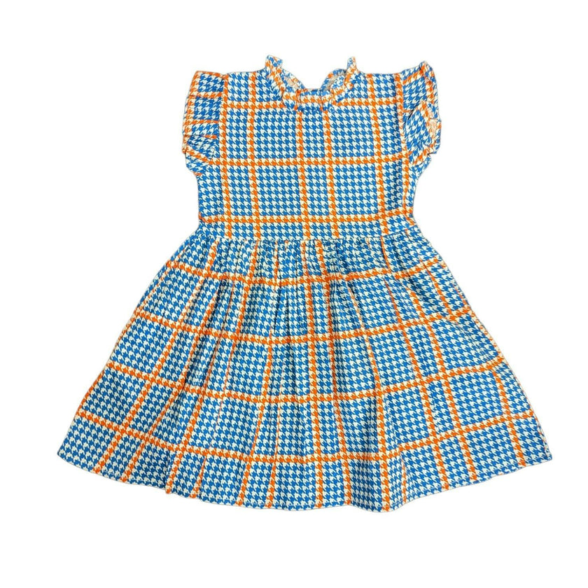 Houndstooth in Orange - Blue Ruffle Dress