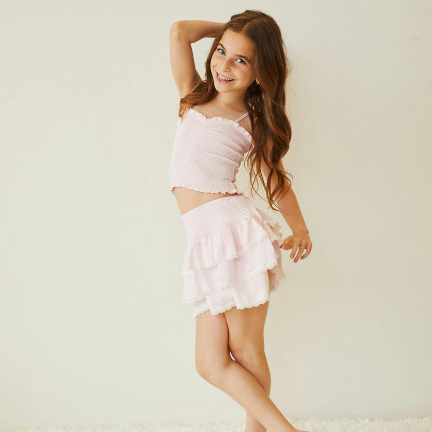 Gemma Pastel Pink & White Gingham Hearts Satin Mini Skirt
