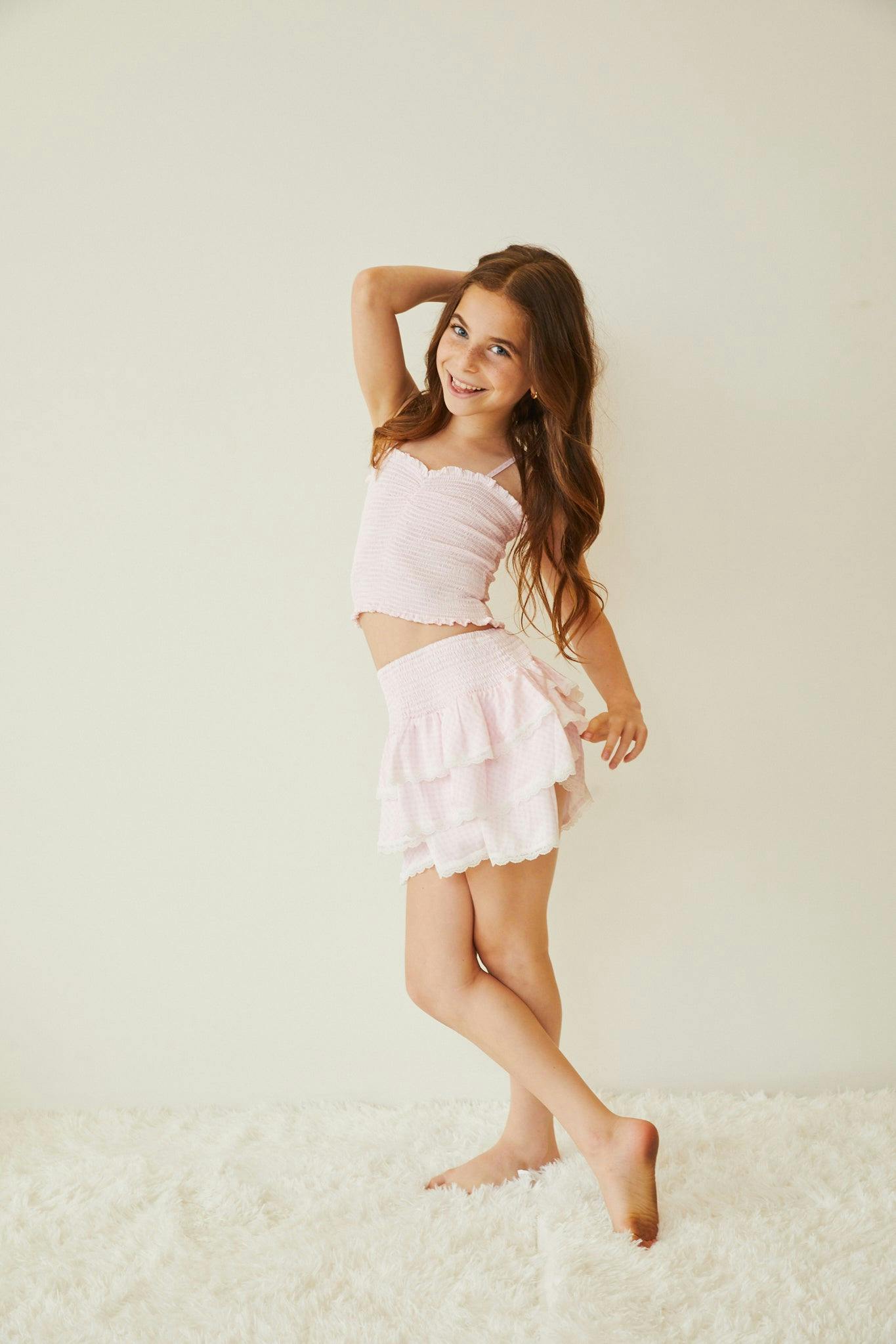 Gemma Pastel Pink & White Gingham Hearts Satin Mini Skirt