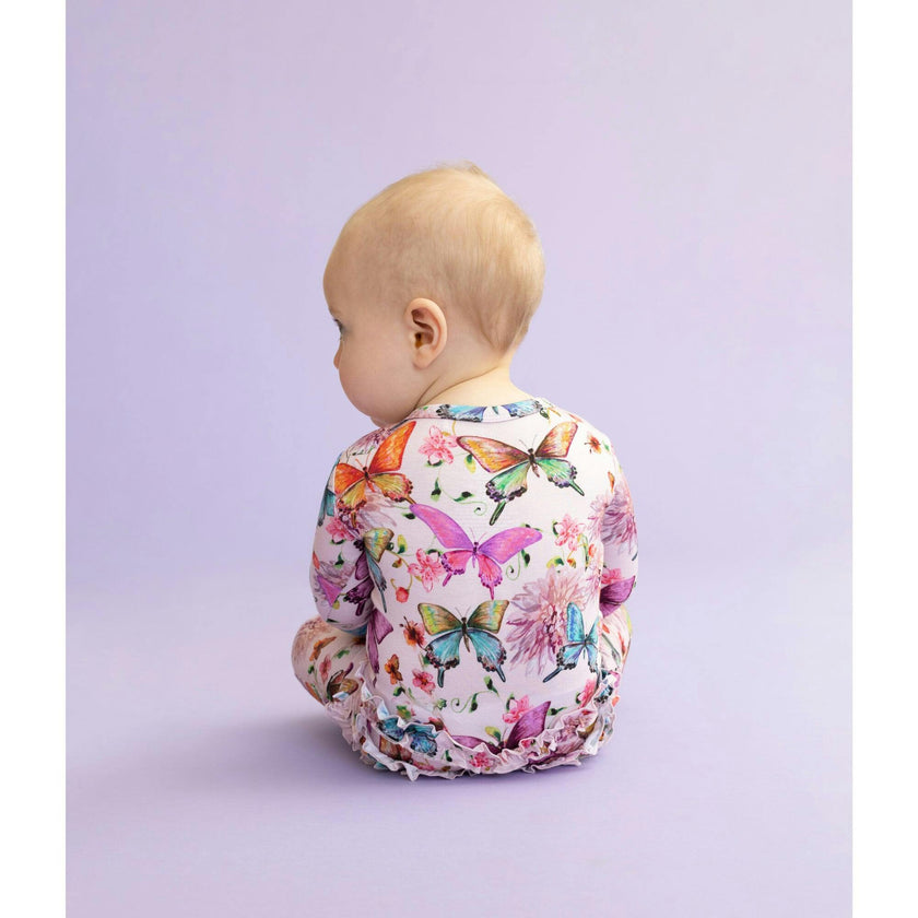 Watercolor Butterfly Footie Ruffled Zippered One Piece