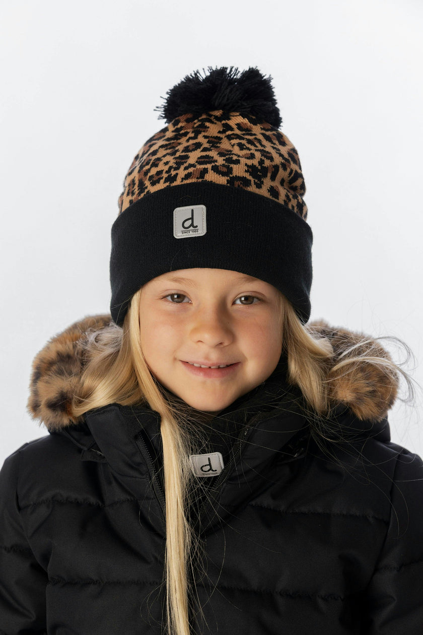 Winter Knit Hat With Pompom Brown Leopard Print