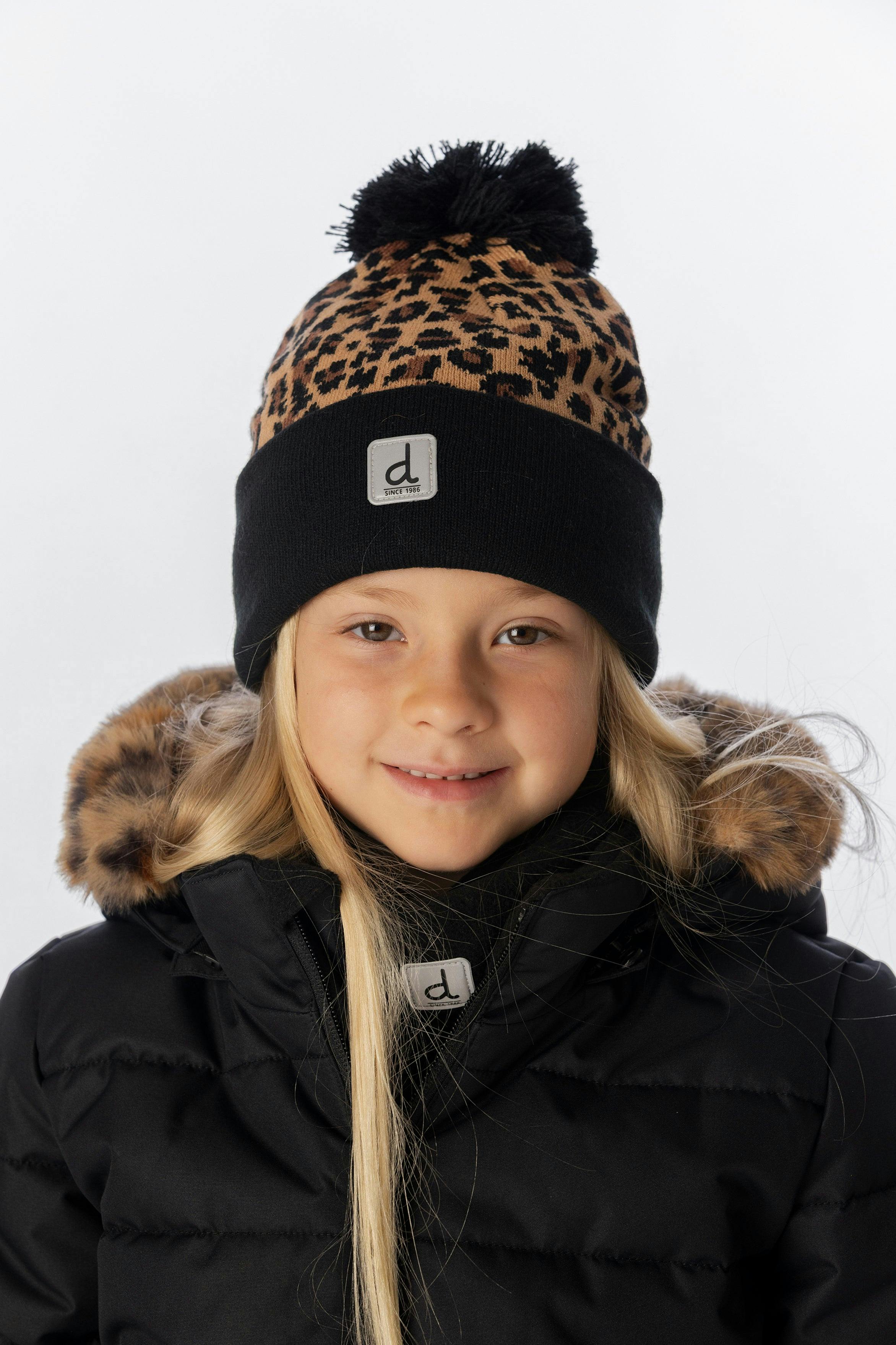 Winter Knit Hat With Pompom Brown Leopard Print