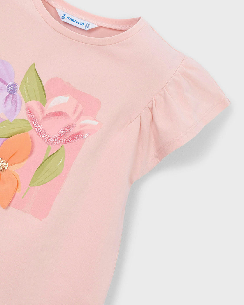 Pink T-Shirt With Ruffled Sleeves