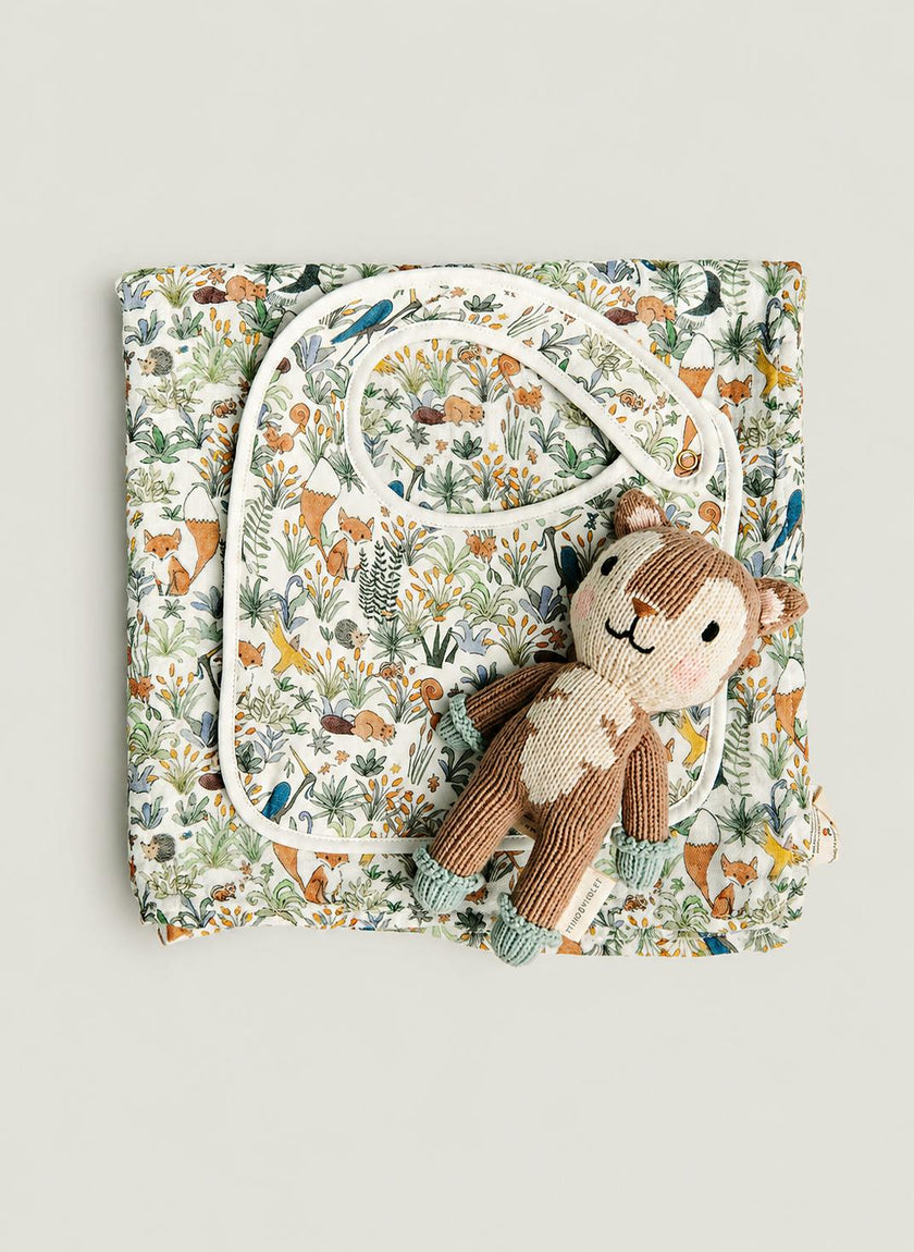 Baby Classic Bib and Shawl Blanket - Foxy Forest and Finley the Fox - Knit Doll set