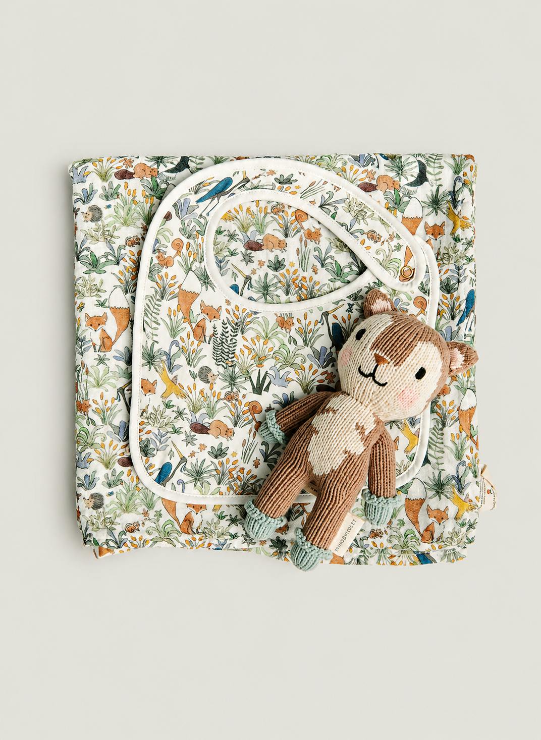 Baby Classic Bib and Shawl Blanket - Foxy Forest and Finley the Fox - Knit Doll set