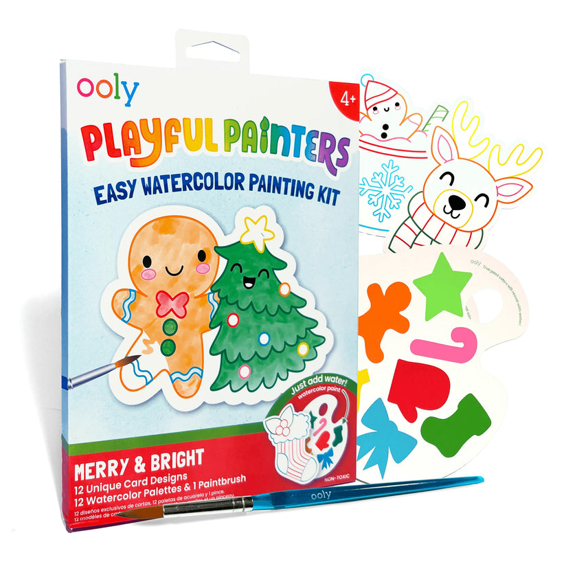 Playful Painters Easy Watercolor Painting Kit - Merry & Bright - 12 Cards 12 Palettes 1 Paintbrush