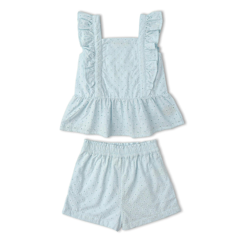 Organic Eyelet Flutter Top And Shorts Set - Light Blue Eyelet